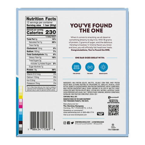 ONE HERSHEY'S Cookies 'n' Creme Flavored Protein Bars, 2.12 oz (12 Count)