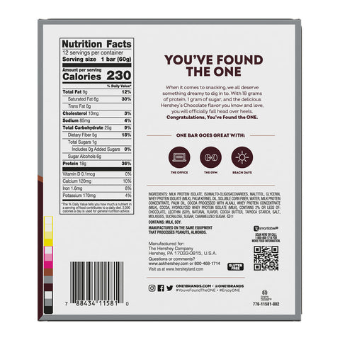 ONE HERSHEY'S Double Chocolate Flavored Protein Bars, 2.12 oz (12 Count)