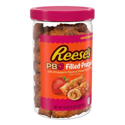 REESE'S PB&J Peanut Butter & Strawberry Filled Pretzels Jar, 18 oz